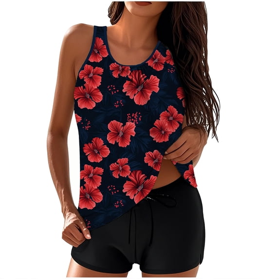 HAPIMO Women's Tankini Swimsuits Summer Hawaiian Beachwear Two Piece Floral Print Swim Set Tank Top with Shorts Modest Bathing Suits Multicolor XL
