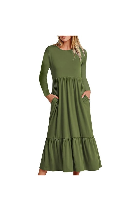 Women's Tea Length A Line Dress Solid Color Elegant Casual Trendy Long Sleeve Spring Round Neck Army Green XL