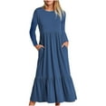thumbnail image 1 of HAPIMO Women's Tea Length A Line Dress Solid Color Elegant Casual Trendy Long Sleeve Spring Round Neck Blue L, 1 of 4