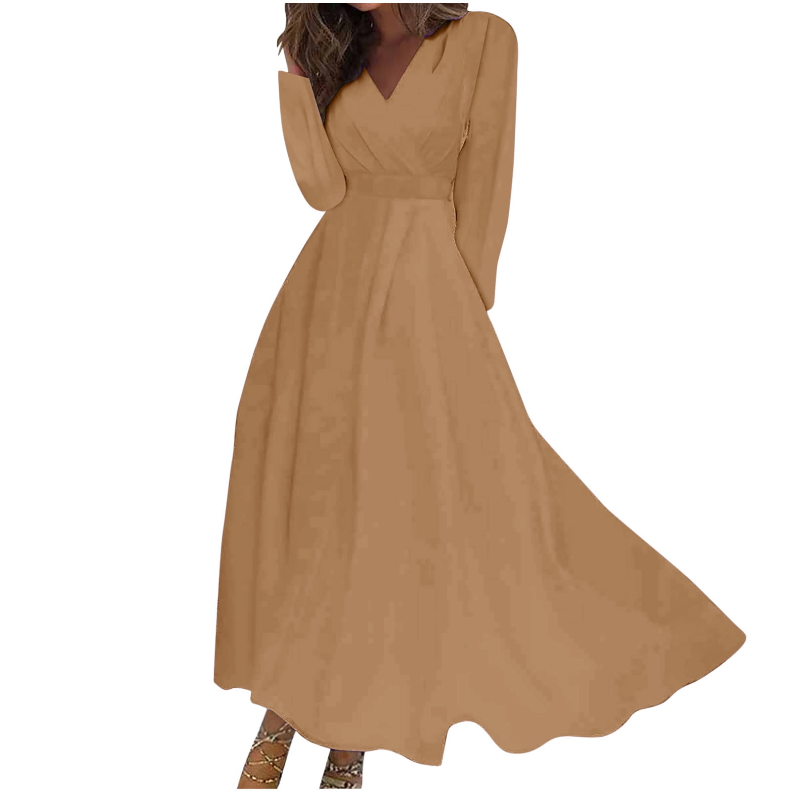 HAPIMO Women's Tea Length A Line Dress Solid Color Trendy V Neck Spring  Elegant Casual High Waist Long Sleeve Khaki XL - Walmart.com