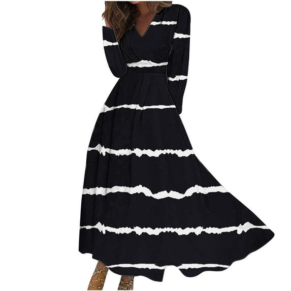 HAPIMO Women's Tea Length A Line Dress Stripe V Neck Spring Elegant Casual High Waist Trendy Clearance Long Sleeve Black M