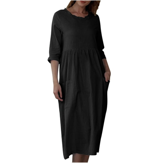 HAPIMO Women's Tea Length Cotton Linen Dress Solid Holiday Autumn Dresses Boat Neck Elegant Casual Comfy Vintage Boho 3/4 Sleeves Black XXL