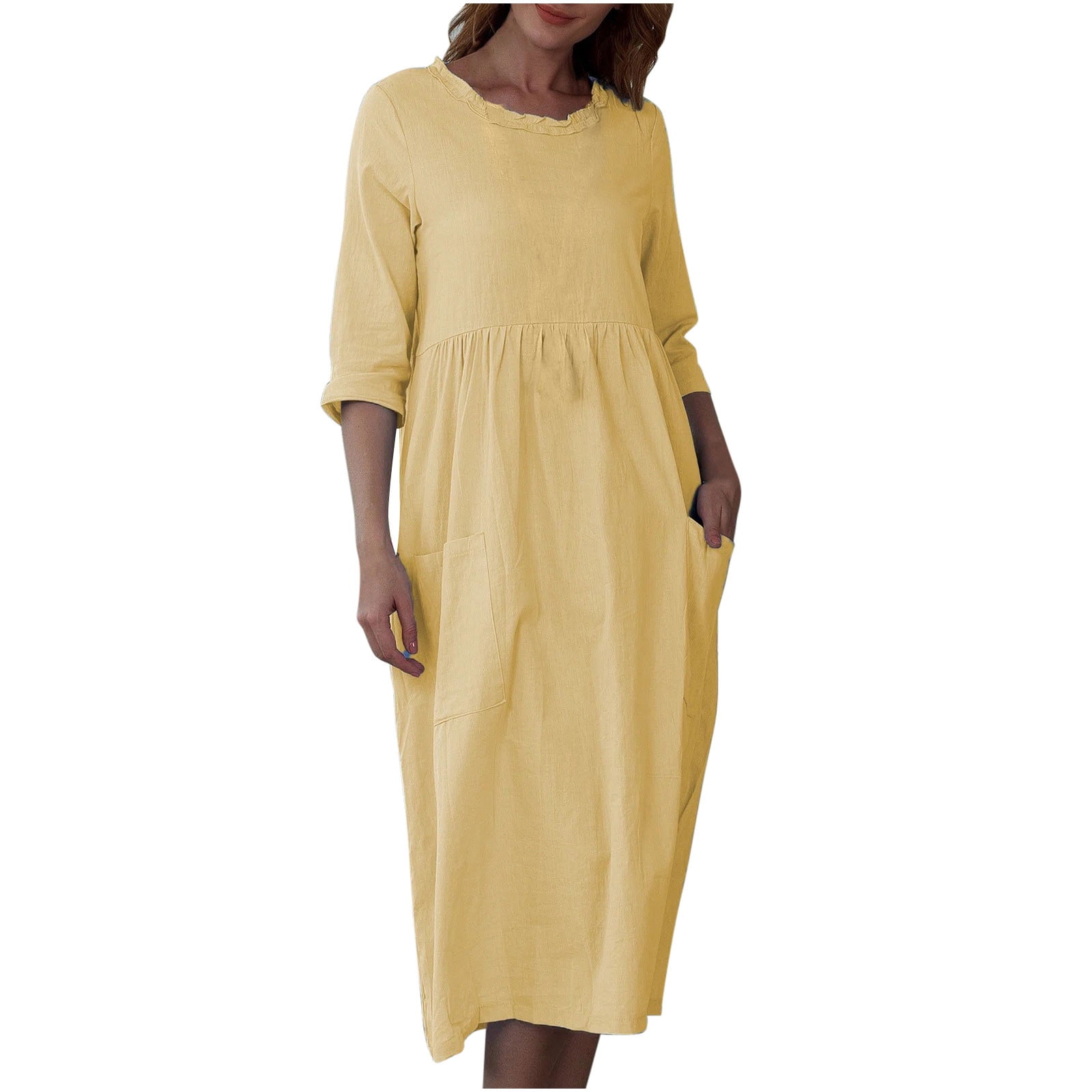 HAPIMO Women's Tea Length Cotton Linen Dress Solid Holiday Autumn Dresses Boat Neck Elegant Casual Comfy Vintage Boho 3/4 Sleeves Yellow M - Walmart.com HAPIMO Women's Tea Length Cotton Linen Dress Solid Holiday Autumn Dresses Boat Neck Elegant Casual Comfy Vintage Boho 3/4 Sleeves Yellow M - Walmart.com