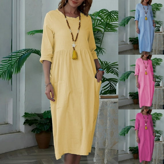 HAPIMO Women's Tea Length Cotton Linen Dress Solid Holiday Autumn Dresses Boat Neck Elegant Casual Comfy Vintage Boho 3/4 Sleeves Yellow S