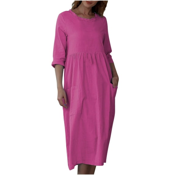 HAPIMO Women's Tea Length Cotton Linen Dress Solid Holiday Autumn Dresses Boat Neck Elegant Casual Comfy Vintage Boho 3/4 Sleeves Hot Pink M