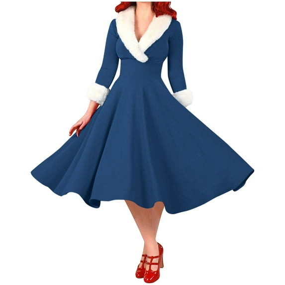 HAPIMO Women's Tea Length A Line Dress Fashion Long Sleeve Spring Workout Deep V Neck Fleece Fall Dress Casual Cocktail Party Wedding Guest Vintage Prom Dress Blue XXXL