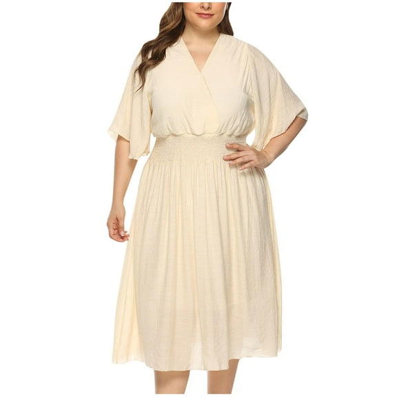 HAPIMO Women's V Neck Fall Dress Tea Length A Line Dress Fashion Elegant Casual 3/4 Sleeve Spring Solid Color Plus Size Workout Holiday Beige XXXXL