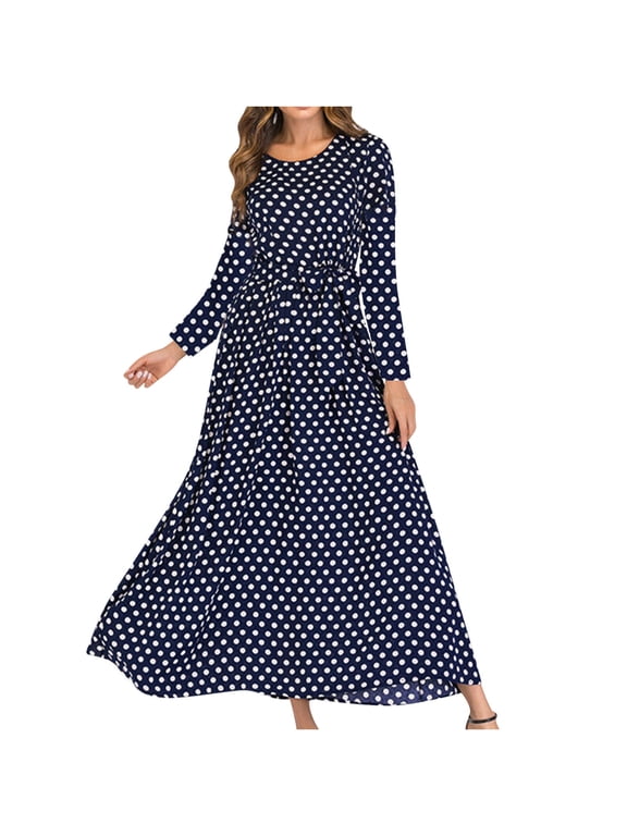 Women's Tea Length A Line Dress Sale Polka Dot Autumn Dresses Long Sleeve Round Neck Empire Waist Elegant Boho Trendy Holiday Winter Dark Blue M