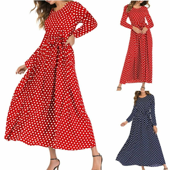 HAPIMO Women's Tea Length A Line Dress Sale Polka Dot Autumn Dresses Long Sleeve Round Neck Empire Waist Elegant Boho Trendy Holiday Winter Dark Blue S