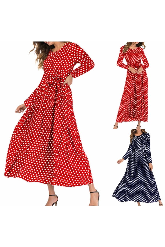 Women's Tea Length A Line Dress Sale Polka Dot Autumn Dresses Long Sleeve Round Neck Empire Waist Elegant Boho Trendy Holiday Winter Dark Blue S