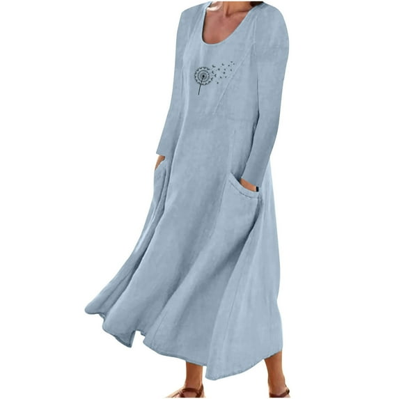 HAPIMO Women's Tea Length Loose Cotton Dress Pajamas with Pocket Floral Printed Long Sleeve Spring Scoop Neck Elegant Casual Comfy Clearance Trendy Sky Blue L