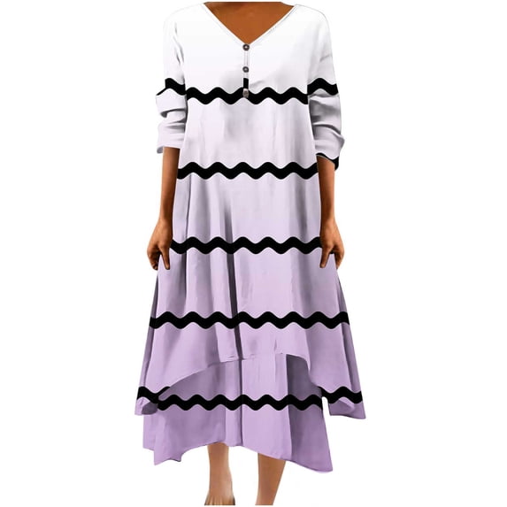HAPIMO Women's Tea Length Loose Dress Pajamas Solid Color Elegant Casual Ruffle Long Sleeve Trendy V Neck Button Spring Purple XXXL
