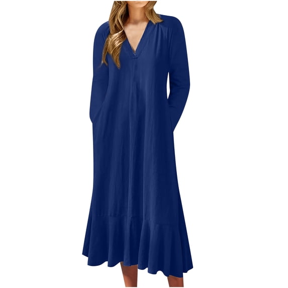 HAPIMO Women's Tea Length Loose Dress Pajamas Solid Color Long Sleeve V Neck Elegant Casual Ruffle Trendy Spring Blue XL