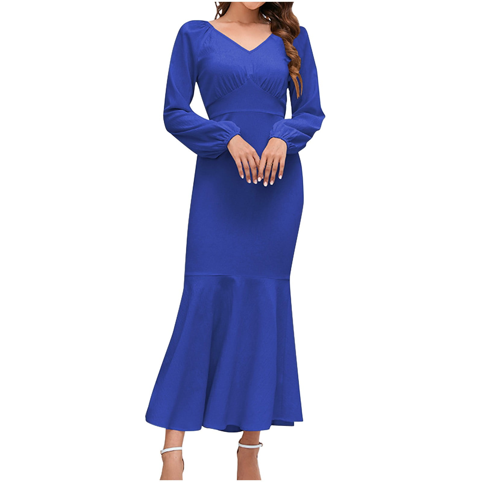HAPIMO Women's Tea Length Mermaid Dress Solid Color Elegant Casual