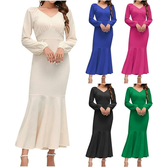 HAPIMO Women's Tea Length Mermaid Dress Solid Color Elegant Casual High Waist Long Sleeve Spring V Neck Trendy Hot Pink XL