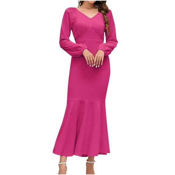 HAPIMO Women's Tea Length Mermaid Dress Solid Color Elegant Casual High Waist Long Sleeve Spring V Neck Trendy Hot Pink XXL