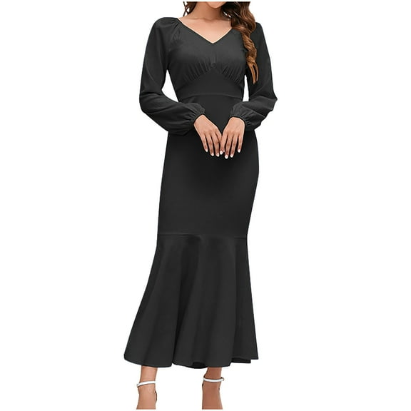 HAPIMO Women's Tea Length Mermaid Dress Solid Color Elegant Casual High Waist Long Sleeve Spring V Neck Trendy Black S