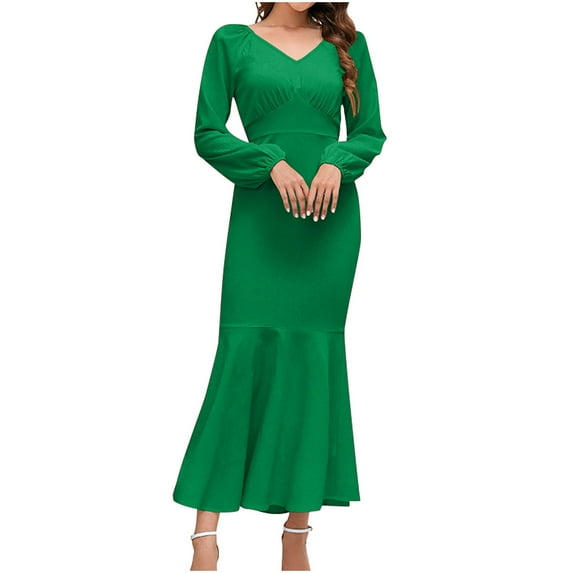 HAPIMO Women's Tea Length Mermaid Dress Solid Color Elegant Casual High Waist Long Sleeve Spring V Neck Trendy Green L