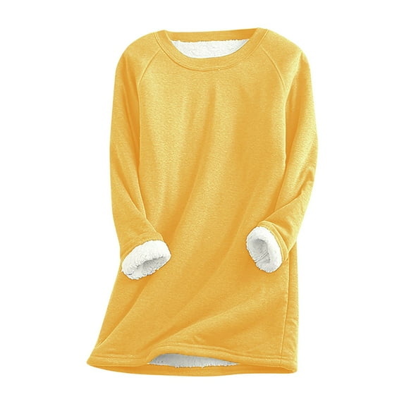 HAPIMO Women's Thick Fleece Basic Pullover Fall Spring Teen Girls Clothing Trendy Solid Color Tops Long Sleeve Shirts Round Neck Casual Relaxed Winter Slim Yellow XL
