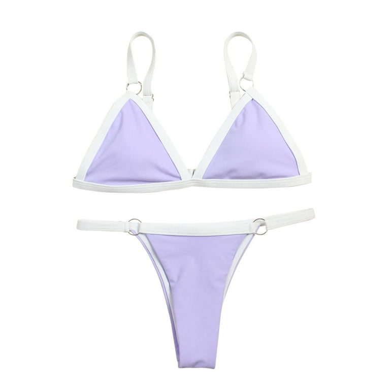 HAPIMO Women's Tiny Bikini Swimsuit Solid Color Beachwear Triangle Swimwear  Sets Summer Seaside Clothes for Girls Strappy Bathing Suit Savings Purple S  