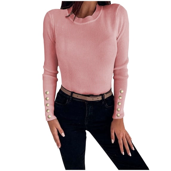 HAPIMO Women's Tops Casual Ribbed Round Neck Button Pullovers Fashion Long Sleeve Soft Sweaters Outfits Workout Slim Knitted Basic Sweatshirts Vacation Pink L