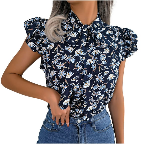 HAPIMO Women's Trendy Chiffon Loose Tops Clearance Elegant Casual Relaxed Blouses Floral Boho Keyhole Neck Bowknot Pullover for Teen Girls Summer Tees Ruffle Sleeve Blue XL