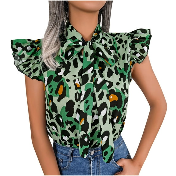 HAPIMO Women's Trendy Chiffon Loose Tops Clearance for Teen Girls Summer Tees Leopard Graphic Ruffle Sleeve Keyhole Neck Bowknot Pullover Elegant Casual Relaxed Blouses Green M