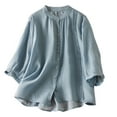 thumbnail image 1 of HAPIMO Women's Trendy Cotton Linen Loose Babydolls Shirts 3/4 Sleeve Summer Solid Color Ruched Crew Neck Button Pullover Elegant Casual Blouses for Teen Girls Blue XXL, 1 of 6