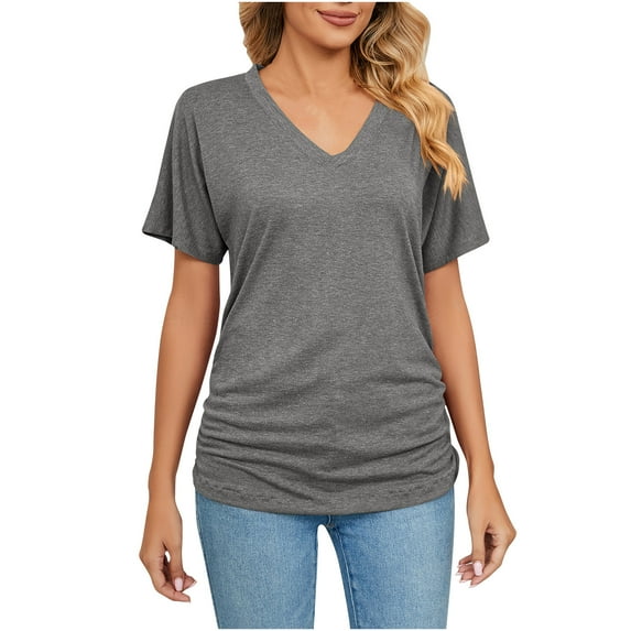HAPIMO Women's Trendy Cotton Linen Loose Basic Tops Clearance Short Sleeve for Teen Girls V Neck Pullover Elegant Casual Relaxed Blouses Solid Color Summer Tees Gray L