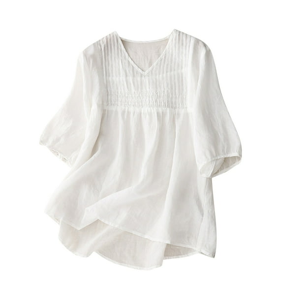 HAPIMO Women's Trendy Cotton Linen Loose Tops Solid Color Ruched Summer Tees 3/4 Sleeve V Neck Pullover for Teen Girls Elegant Casual Relaxed Blouses White XXL