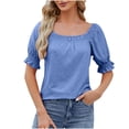 thumbnail image 1 of HAPIMO Women's Trendy Cotton Linen Loose Tops Clearance Square Neck Pullover for Teen Girls Solid Color Ruched Summer Tees Elegant Casual Relaxed Blouses Short Sleeve Blue M, 1 of 5