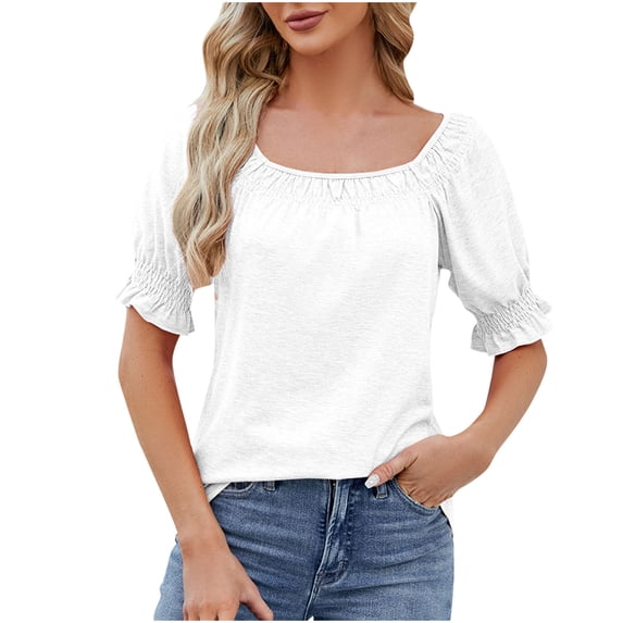 HAPIMO Women's Trendy Cotton Linen Loose Tops Clearance Square Neck Pullover for Teen Girls Solid Color Ruched Summer Tees Elegant Casual Relaxed Blouses Short Sleeve White XL