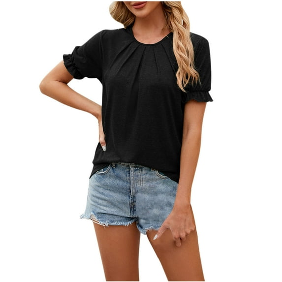 HAPIMO Women's Trendy Cotton Linen Loose Tops Clearance Summer Round Neck Pullover for Teen Girls Solid Color Pleated Elegant Casual Relaxed Blouses Short Sleeve Ruffle Black XL