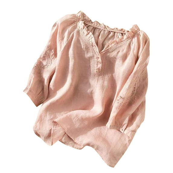 HAPIMO Women's Trendy Cotton Linen Loose Tops Summer V Neck Button Pullover Elegant Casual Ethnic Embroidery Blouses Floral Graphic Ruffle for Teen Girls Pink M