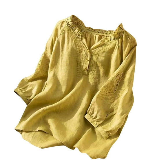 HAPIMO Women's Trendy Cotton Linen Loose Tops Clearance Summer V Neck Button Pullover Elegant Casual Ethnic Embroidery Blouses Floral Graphic Ruffle for Teen Girls Yellow M