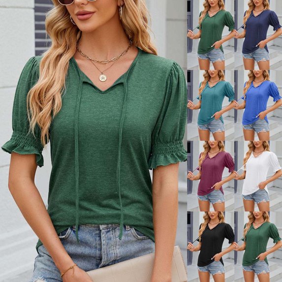 HAPIMO Women's Trendy Cotton Linen Loose Tops Clearance for Teen Girls Solid Color Summer Tees Elegant Casual Relaxed Blouses Ruffle Sleeve V Neck Drawstring Pullover Black XL