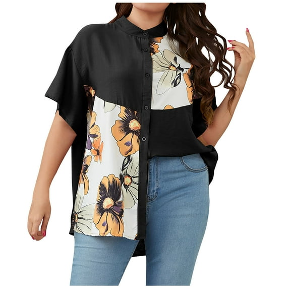 HAPIMO Women's Trendy Cotton Linen Loose Tops Dressy Shirts Clearance Lapel Button Elegant Casual Plus Size Blouses for Teen Girls Floral Boho Colorblock Summer Black XXXL