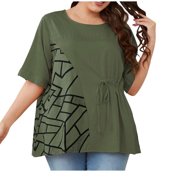HAPIMO Women's Trendy Cotton Linen Loose Tops Dressy Shirts Summer Lapel Button Pullover Elegant Casual Plus Size Blouses for Teen Girls Floral Boho Colorblock Green XXXL