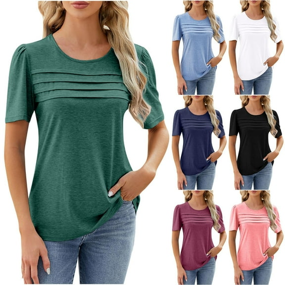 HAPIMO Women's Trendy Cotton Linen Loose Tops Dressy Tunic Elegant Casual Blouses for Teen Girls Summer Solid Color Ruched Round Neck Pullover Army Green XL