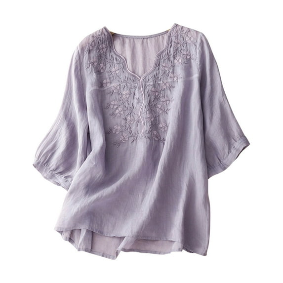 HAPIMO Women's Trendy Cotton Linen Loose Tops Elegant Casual Relaxed Blouses for Teen Girls Solid Color Summer Tees Short Sleeve Round Neck Button Pullover Purple