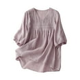 thumbnail image 1 of HAPIMO Women's Trendy Cotton Linen Loose Tops Solid Color Ruched Summer Tees 3/4 Sleeve V Neck Pullover for Teen Girls Elegant Casual Relaxed Blouses Purple L, 1 of 9