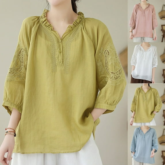 HAPIMO Women's Trendy Cotton Linen Loose Tops Summer V Neck Button Pullover Elegant Casual Ethnic Embroidery Blouses Floral Graphic Ruffle for Teen Girls Blue XL