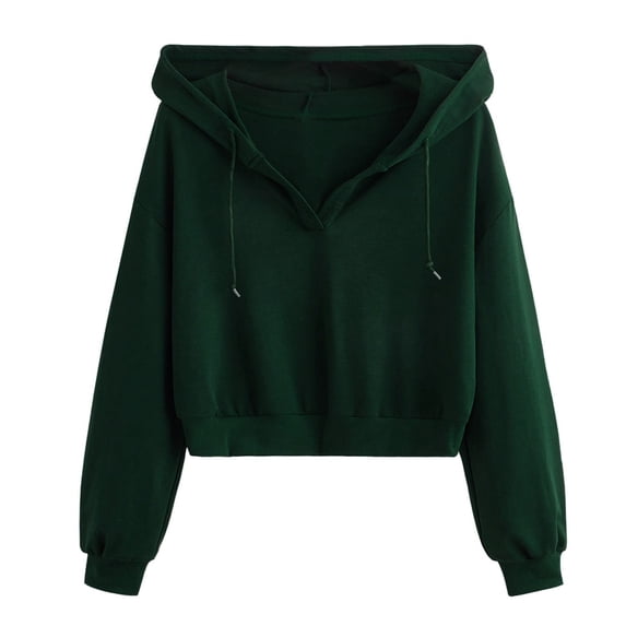 HAPIMO Women's Trendy Cropped Hooded Sweatshirts Drawstring Long Sleeve V Nevk Workout Crop Tops Lightweight Solid Pullover Hoodies Green L