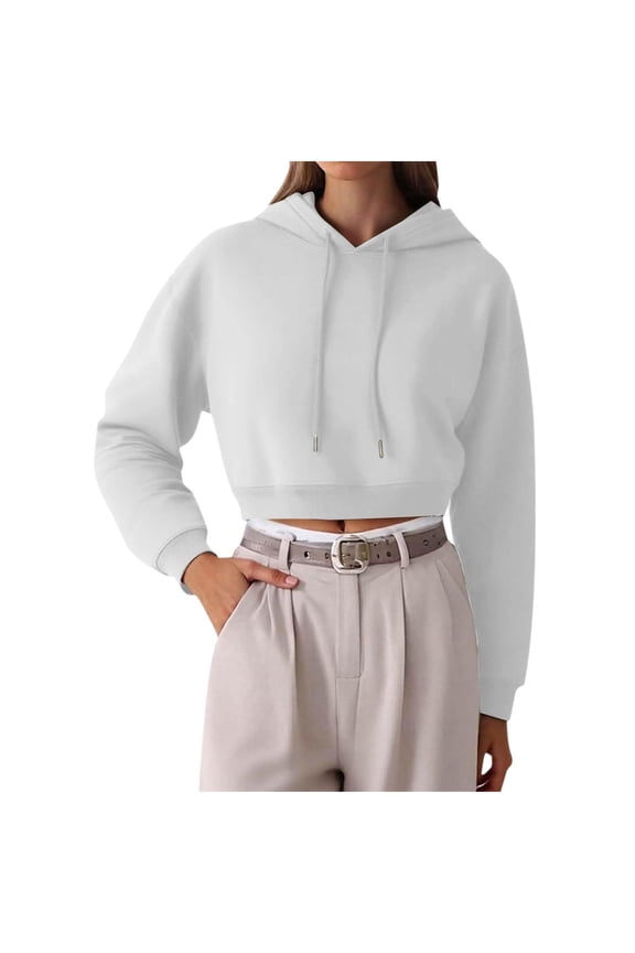 Women's Trendy Cropped Hooded Sweatshirts Drawstring Long Sleeve V Nevk Workout Crop Tops Lightweight Solid Pullover Hoodies White M