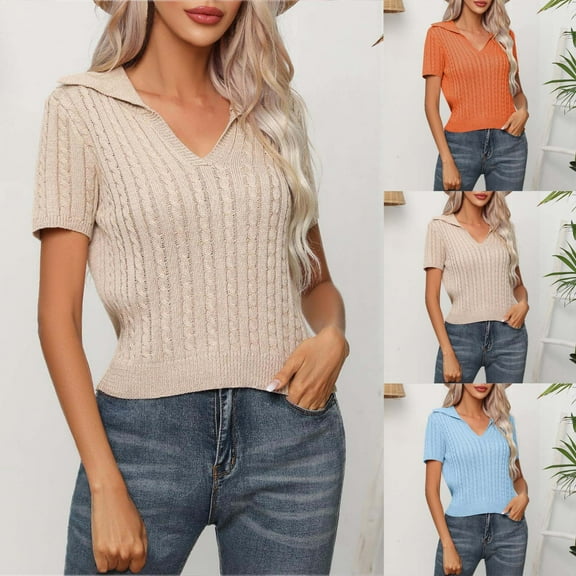 HAPIMO Women's Trendy Knitted Cropped Tops Elegant Casual Relaxed Blouses for Teen Girls Solid Color Summer Tees Short Sleeve Tunrndown Collar V Neck Pullover Khaki XL