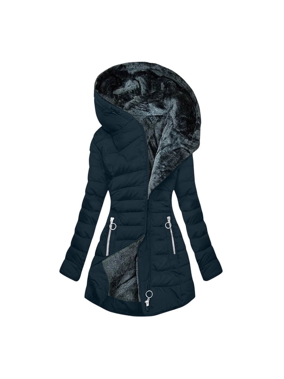 Women's Trendy Long Coats Comfy Long Sleeve Full Zip Hooded Jacket Coat Solid Zip Pocket Quilted Jacket Fall Winter Casual Warm Outerwear Navy XL
