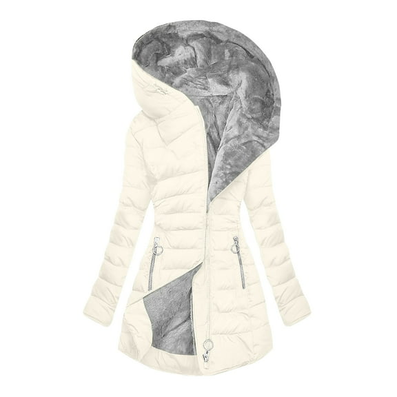 HAPIMO Women's Trendy Long Coats Comfy Long Sleeve Full Zip Hooded Jacket Coat Solid Zip Pocket Quilted Jacket Fall Winter Casual Warm Outerwear White S