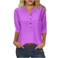 thumbnail image 1 of HAPIMO Women's Trendy Loose Basic Tops Tunic Summer Tees Solid Color 3/4 Sleeve Half Button Pullover Elegant Casual Relaxed Blouses for Teen Girls Purple S, 1 of 5