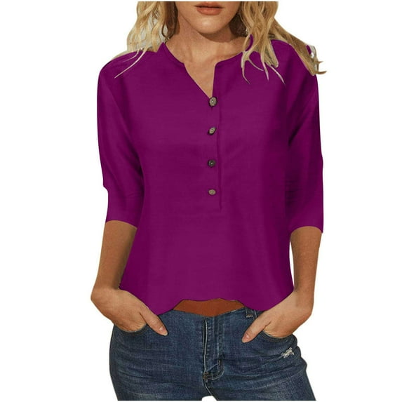 HAPIMO Women's Trendy Loose Basic Tops Tunic Summer Tees Solid Color 3/4 Sleeve Half Button Pullover Elegant Casual Relaxed Blouses for Teen Girls Hot Pink S