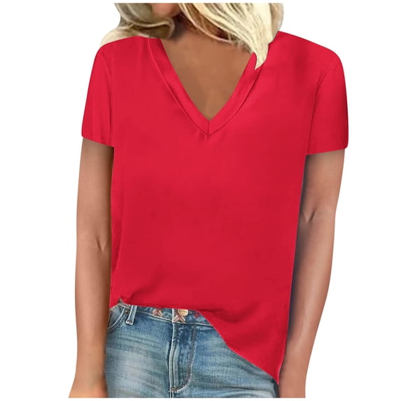 HAPIMO Women's Trendy Loose Basic Tops Tunic Summer Tees V Neck Pullover for Teen Girls Solid Color Elegant Casual Relaxed Blouses Short Sleeve Red M